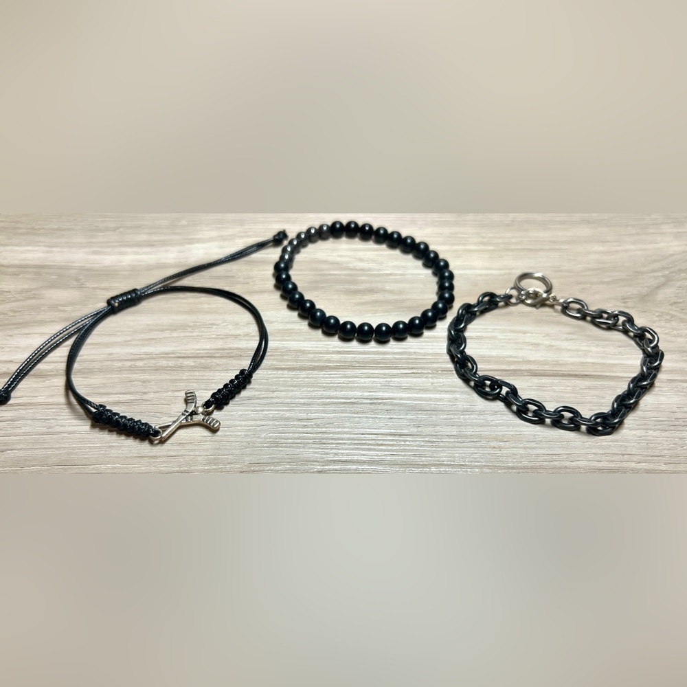 Lot Of 3 Black Colored Assorted Material & Styles Bracelets
